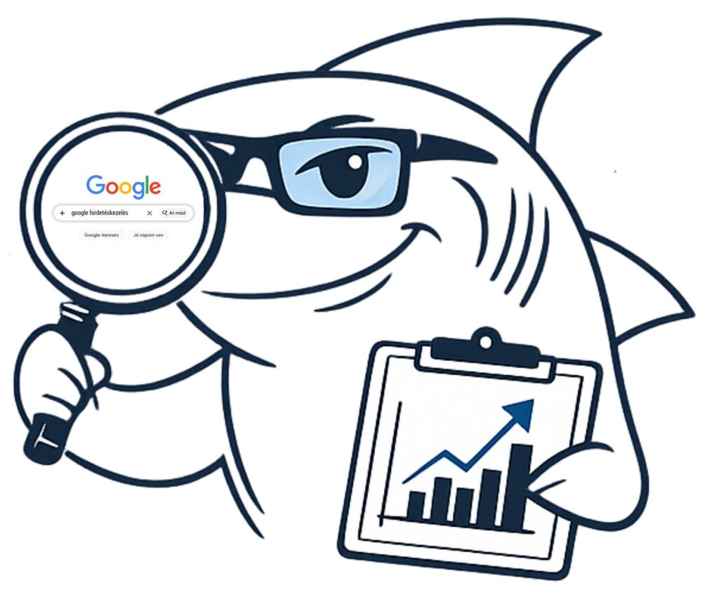Cápi, a TrustWeb adat-cápája nagyítóval elemzi a Google Ads hirdetések adatait és a megtérülési statisztikákat.