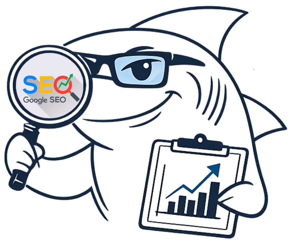 Cápi egy SEO feliratú nagyítóval és egy növekvő forgalmat ábrázoló grafikonnal a sikeres keresőoptimalizálás és technikai SEO eredményeit mutatja.