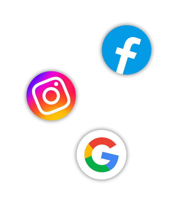 Facebook, Instagram és Google ikonok, amik a komplex, adatalapú Meta és Google Ads hirdetéskezelést szimbolizálják rendszerszinten.