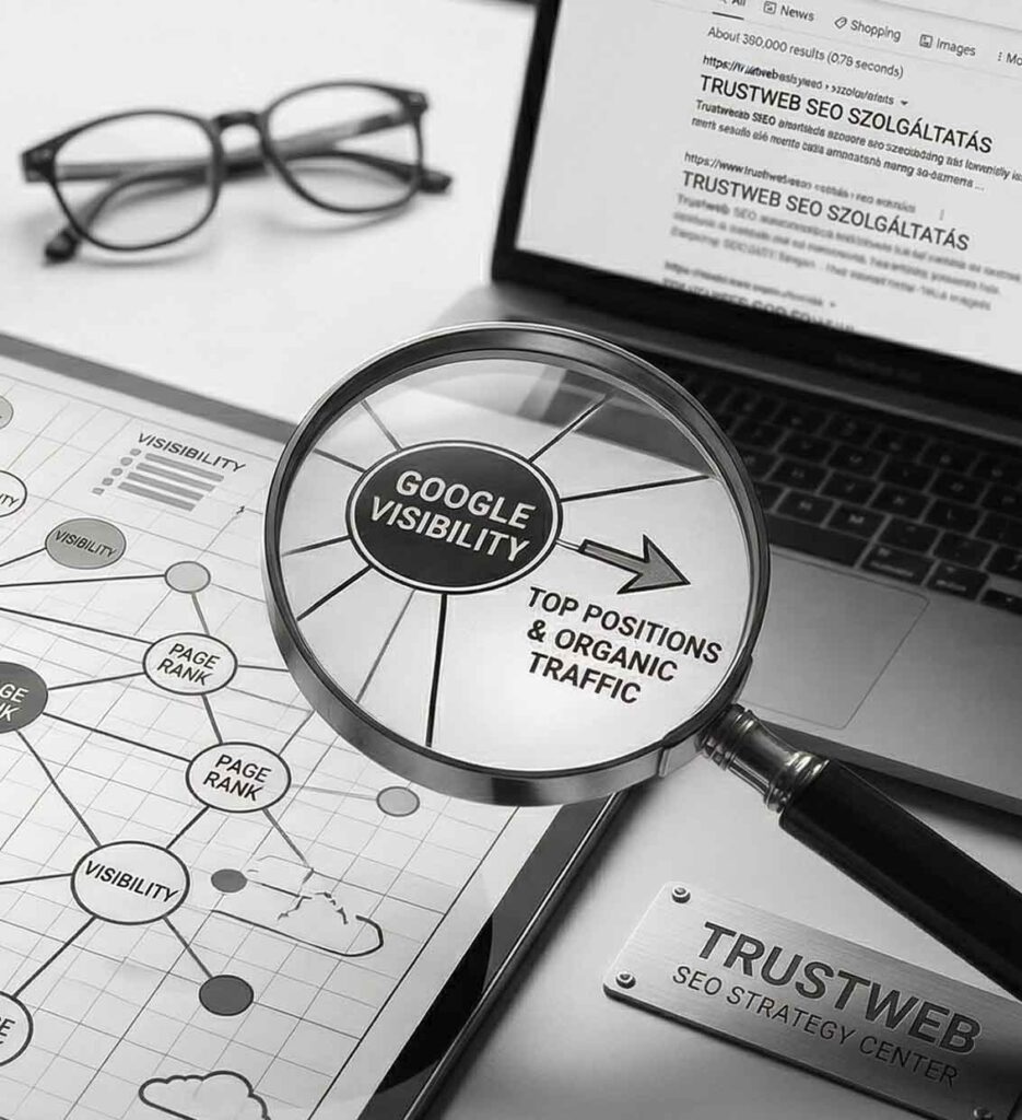 Nagyító 'GOOGLE VISIBILITY' felirattal, amely a 'TOP POSITIONS & ORGANIC TRAFFIC' eredmények felé mutat a keresőoptimalizálás pilléroldalon.